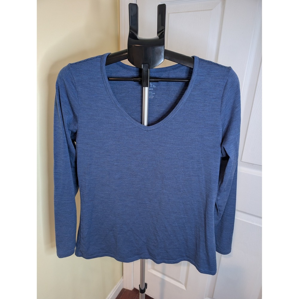 Woolx V-Neck Layla Top Womens XL Blue Striped Merino Wool Blend Long Sleeve
